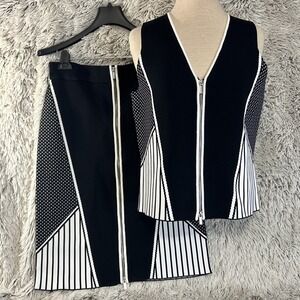 Cache 90's Y2K Black White 2 Piece Skirt Set Sexy Stretch Front Zip Small NWT